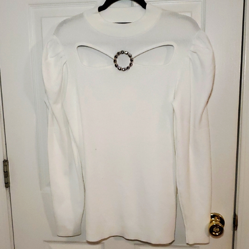 Ashley Stewart White Blouse with Cutout and Ring Detail